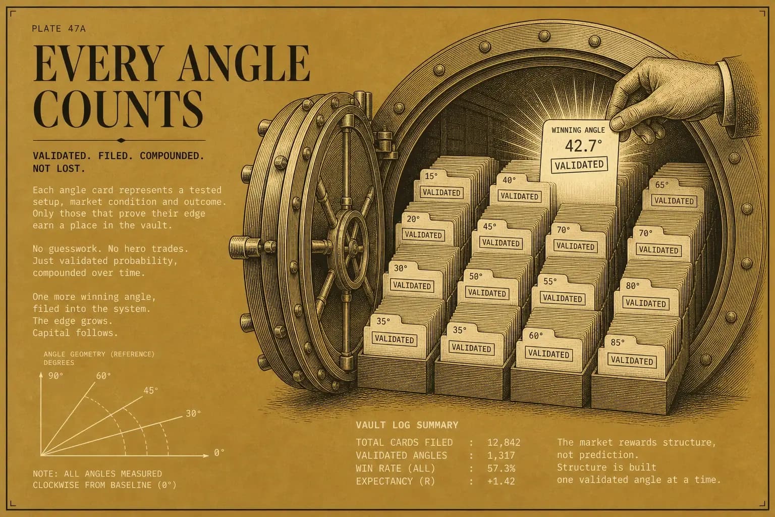The angle bank turns a one-off lucky win into a compounding system, with every validated angle tagged and kept.