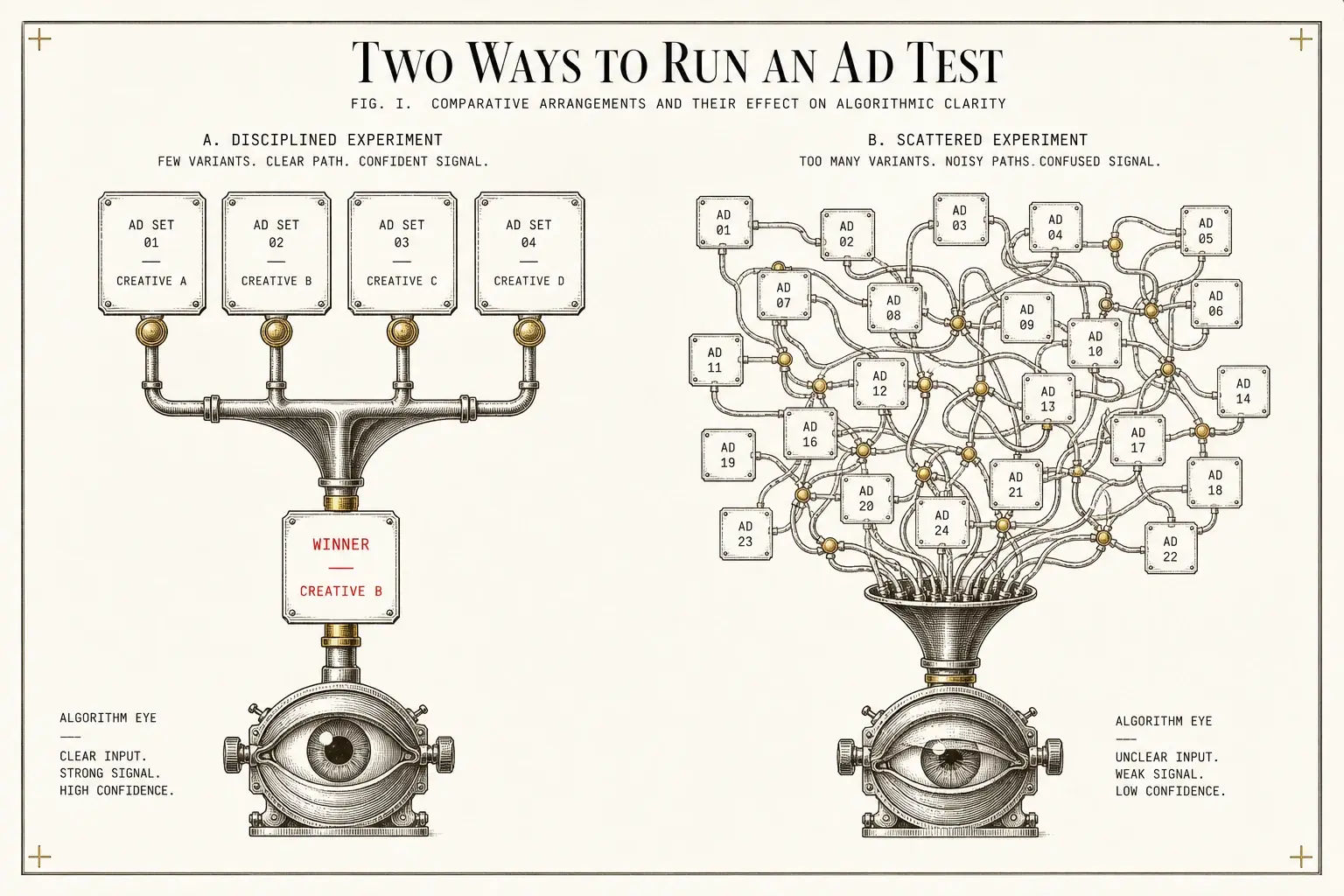 Design the test with equal, consolidated spend so the algorithm can read which angle won, instead of fragmenting the signal.