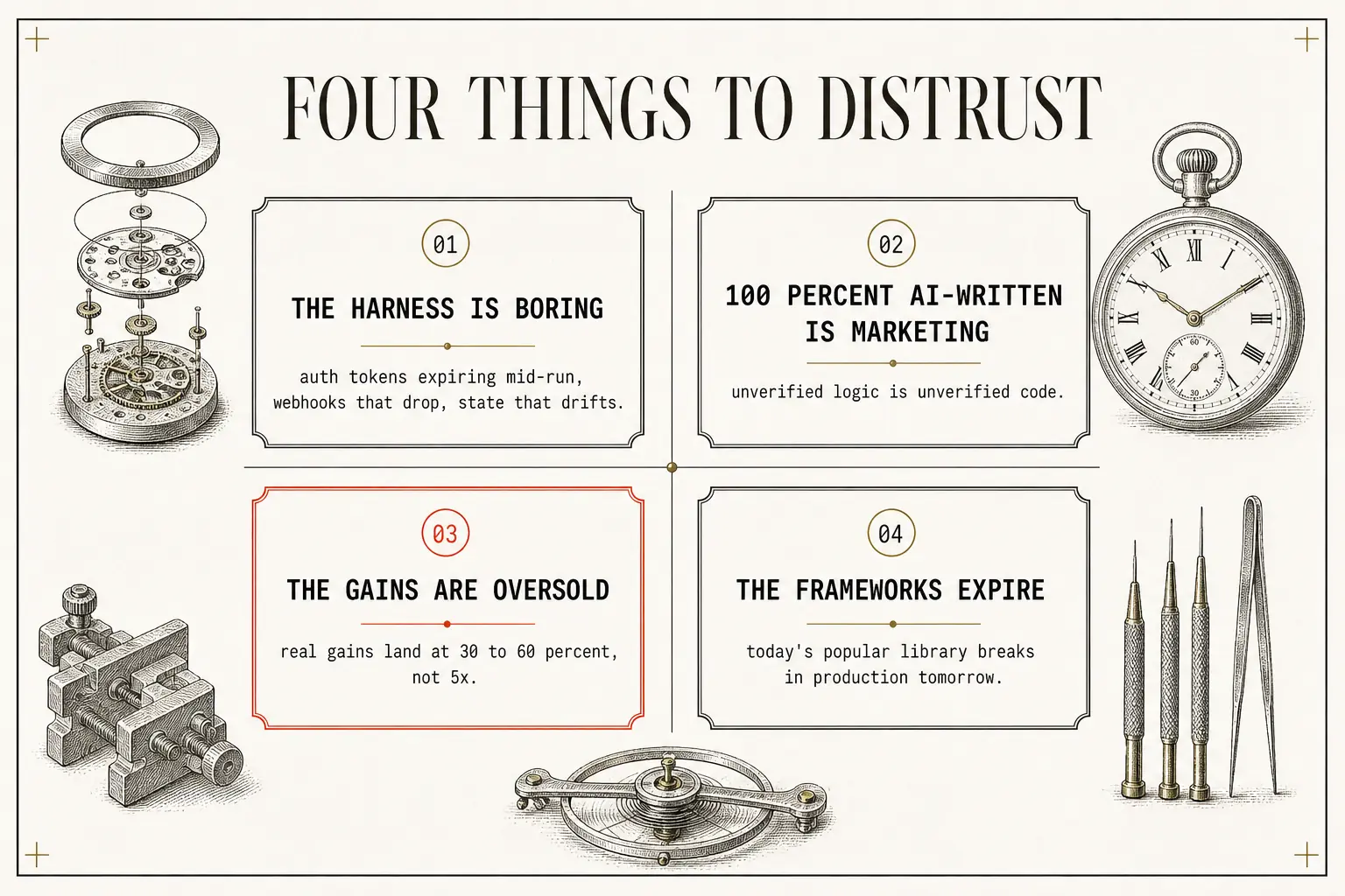 Four claims worth doubting about agentic coding, boring plumbing failures mistaken for reasoning failures, the marketing claim of code that is entirely AI-written, gains oversold at 30 to 60 percent instead of 5x, and frameworks that expire before the underlying pattern does. It is the honest counterweight to the optimistic numbers earlier in the piece.