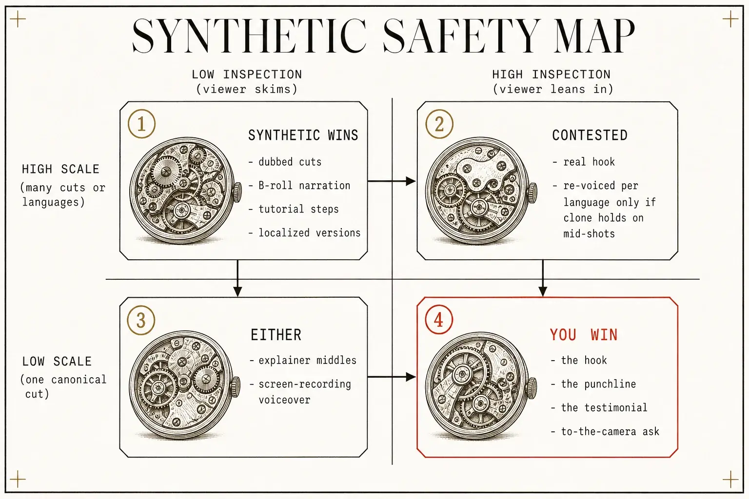 A two-axis decision map placing synthetic versus real presence by how closely viewers inspect and how many cuts or languages the job spans.