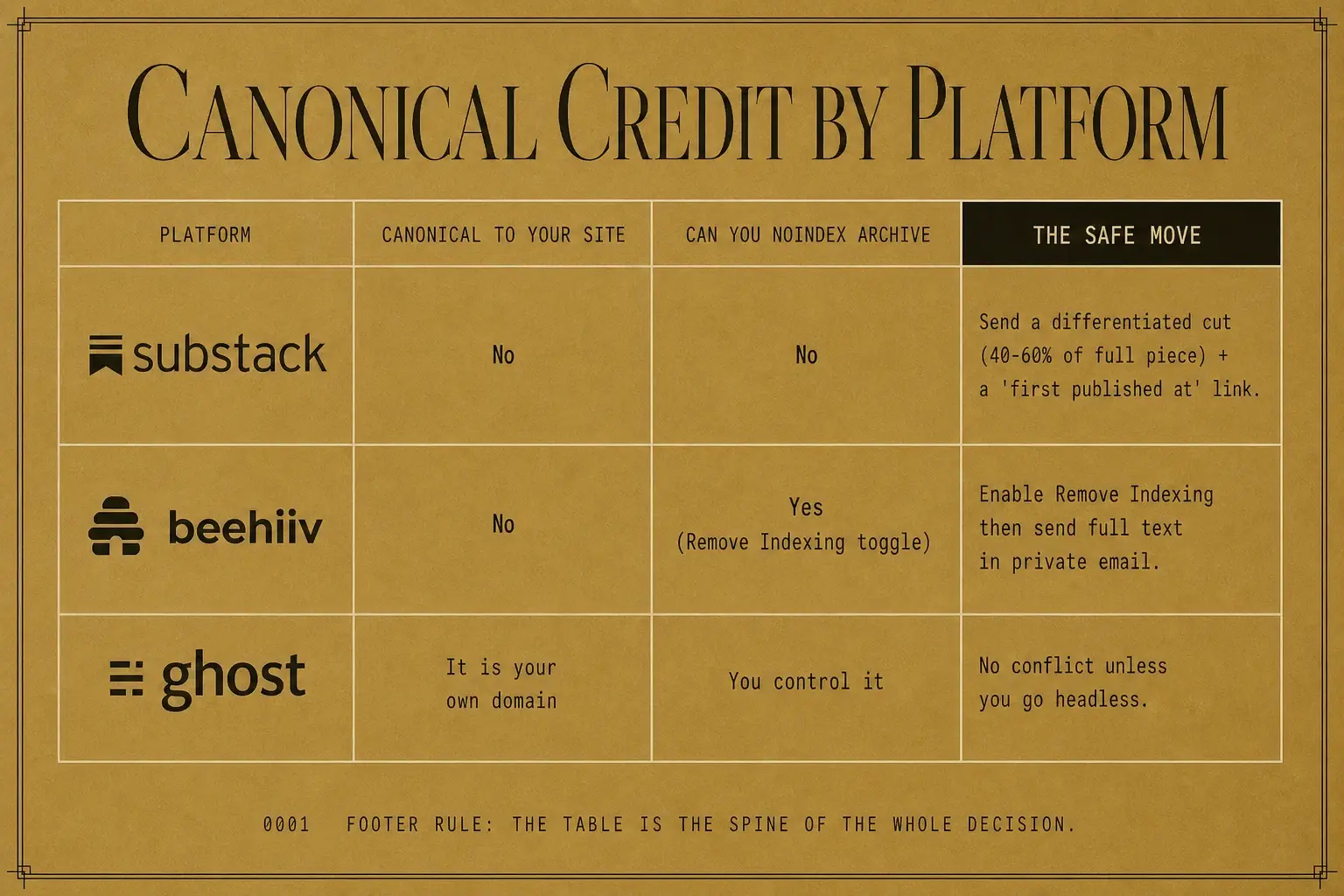 Three newsletter platforms compared by canonical support, noindex control, and the safe move to protect your site's credit.