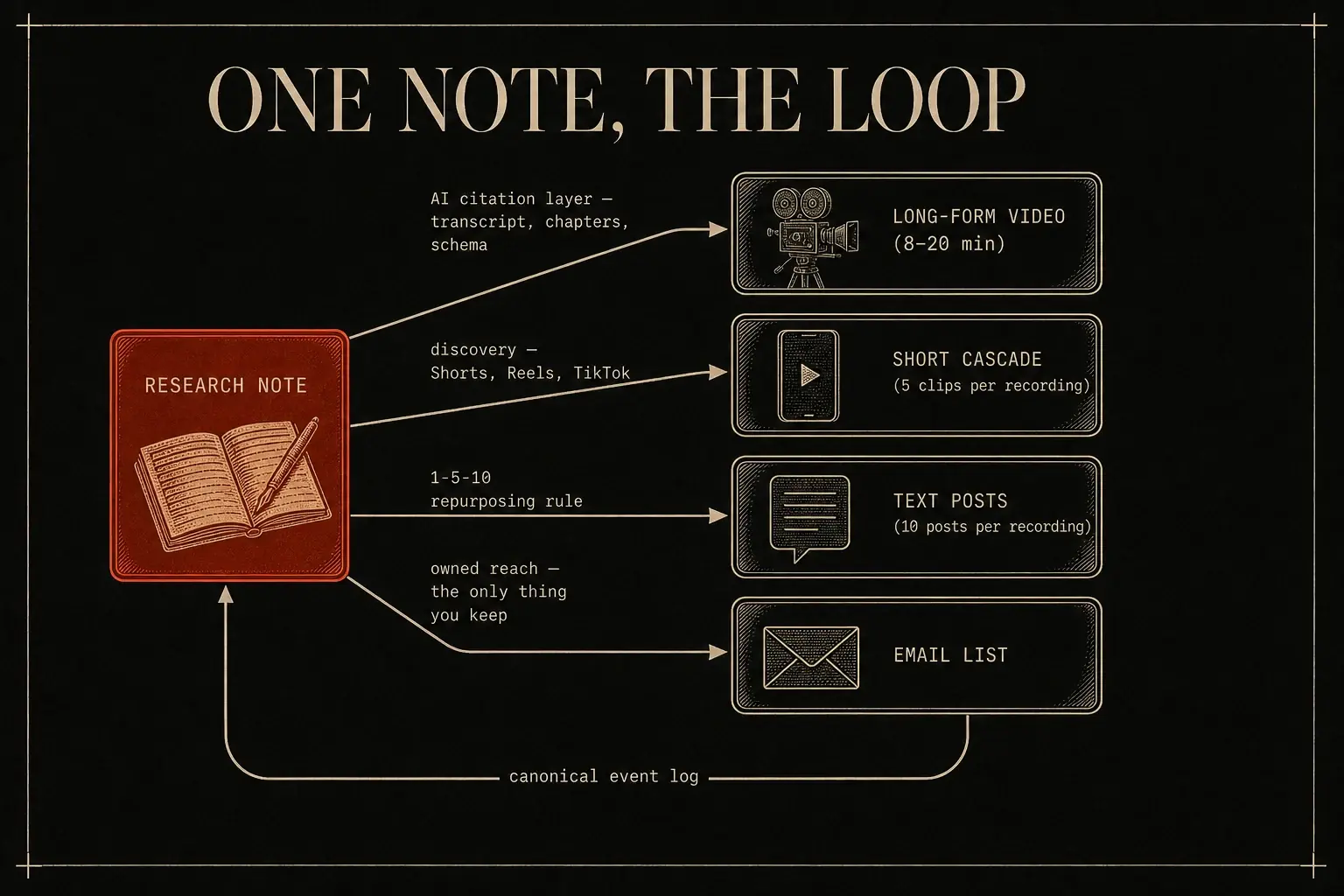 The four-output distribution loop where one research note becomes a long-form AI-cited video, five short clips for discovery, ten text posts, and an email list capture, all from a single recording day every four to six weeks.