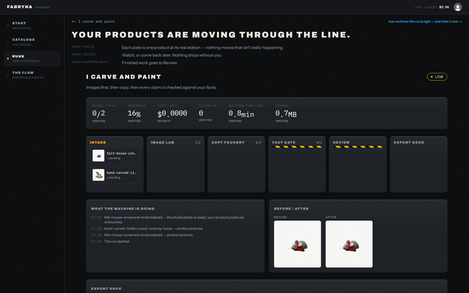 A live run mid-batch: products move through named stations while the ledger narrates every step in plain words.