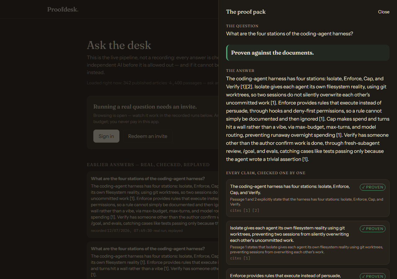 The proof pack: every claim in the answer checked one by one against the documents, each marked proven.